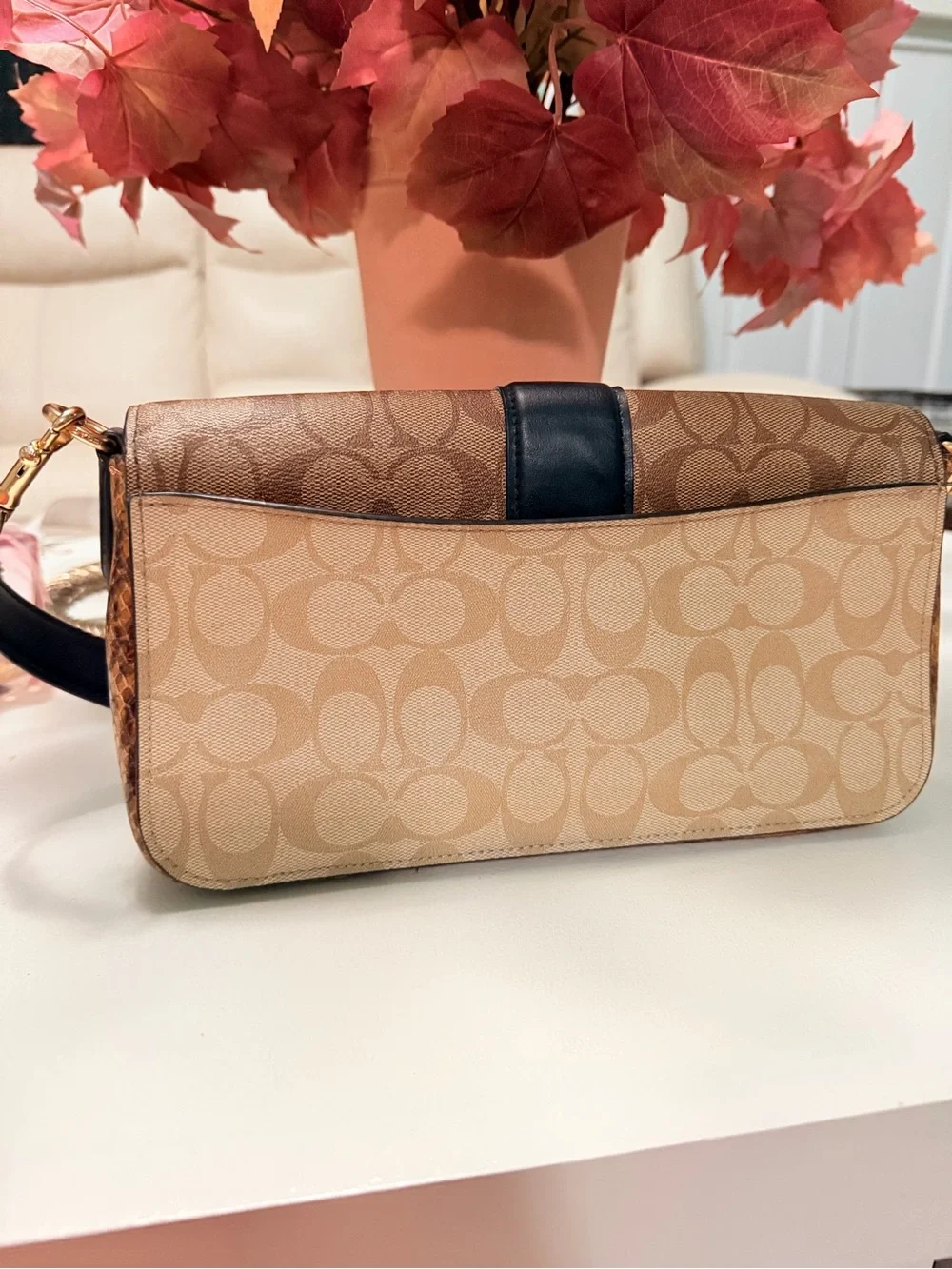 Coach Tan Signature Canvas Shoulder Bag with Black Trim